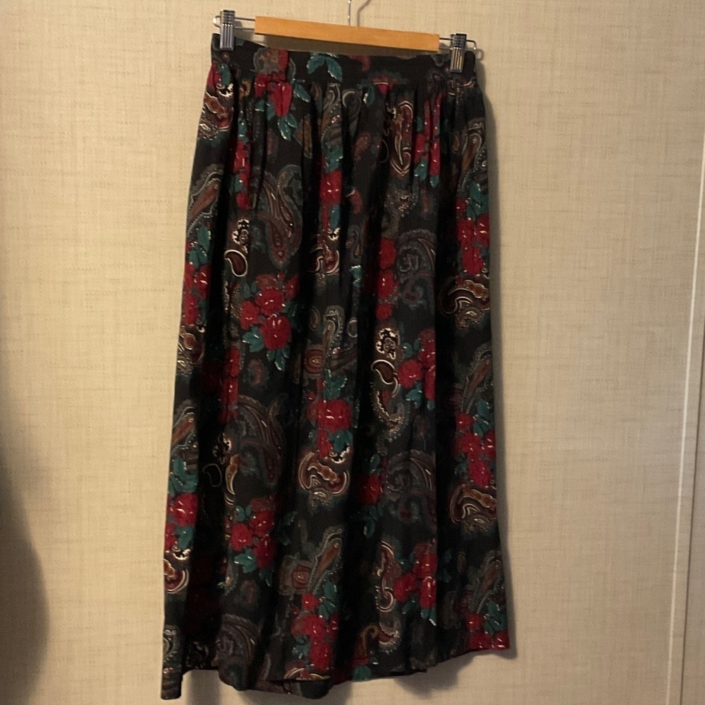 Paisley Floral A-Line Maxi Skirt in Black with Red & Teal Accents